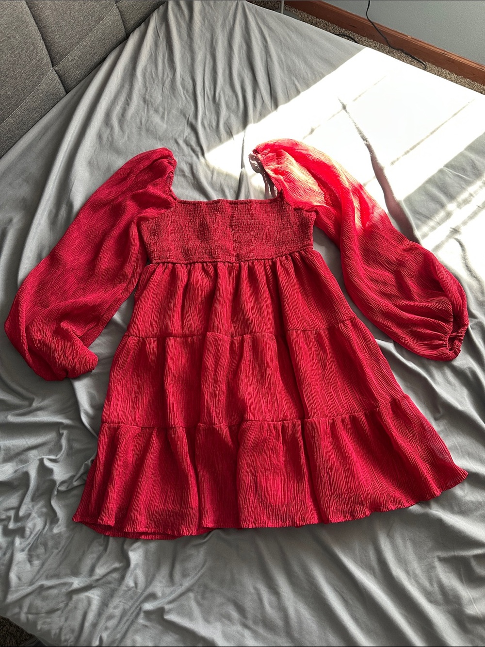 Altar'd State Red Long-Sleeve Tiered Smocked Dress